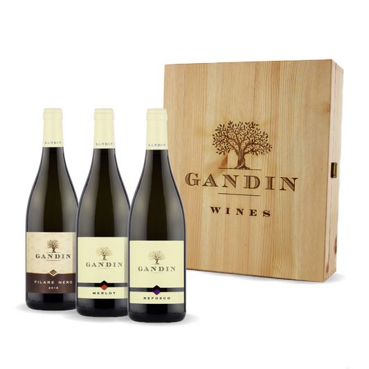 CASSETTA IN LEGNO CON 3 BOTTIGLIE VINO DOC FRIULI ISONZO