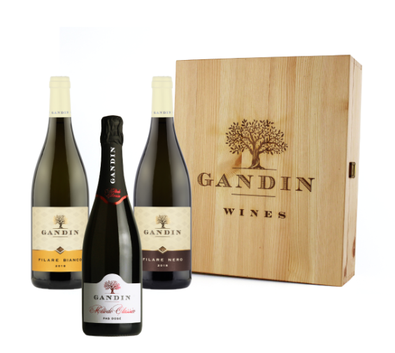 CASSETTA IN LEGNO CON FILARE NERO, FILARE BIANCO E SPUMANTE METODO CLASSICO